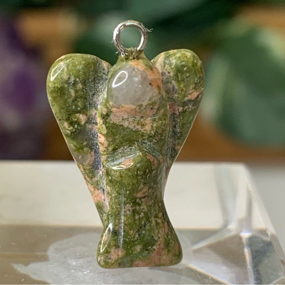 Unakite Angel Necklace Pendant Carved Gemstone Wishing Guardian Miniature .8"